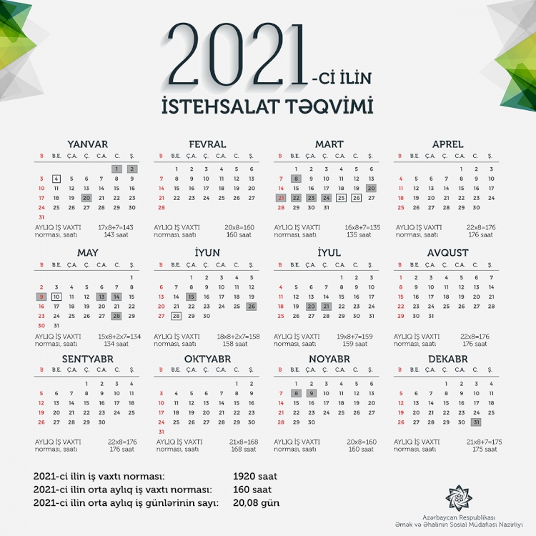 2021-ci il üçün iş vaxtı norması və istehsalat təqvimi